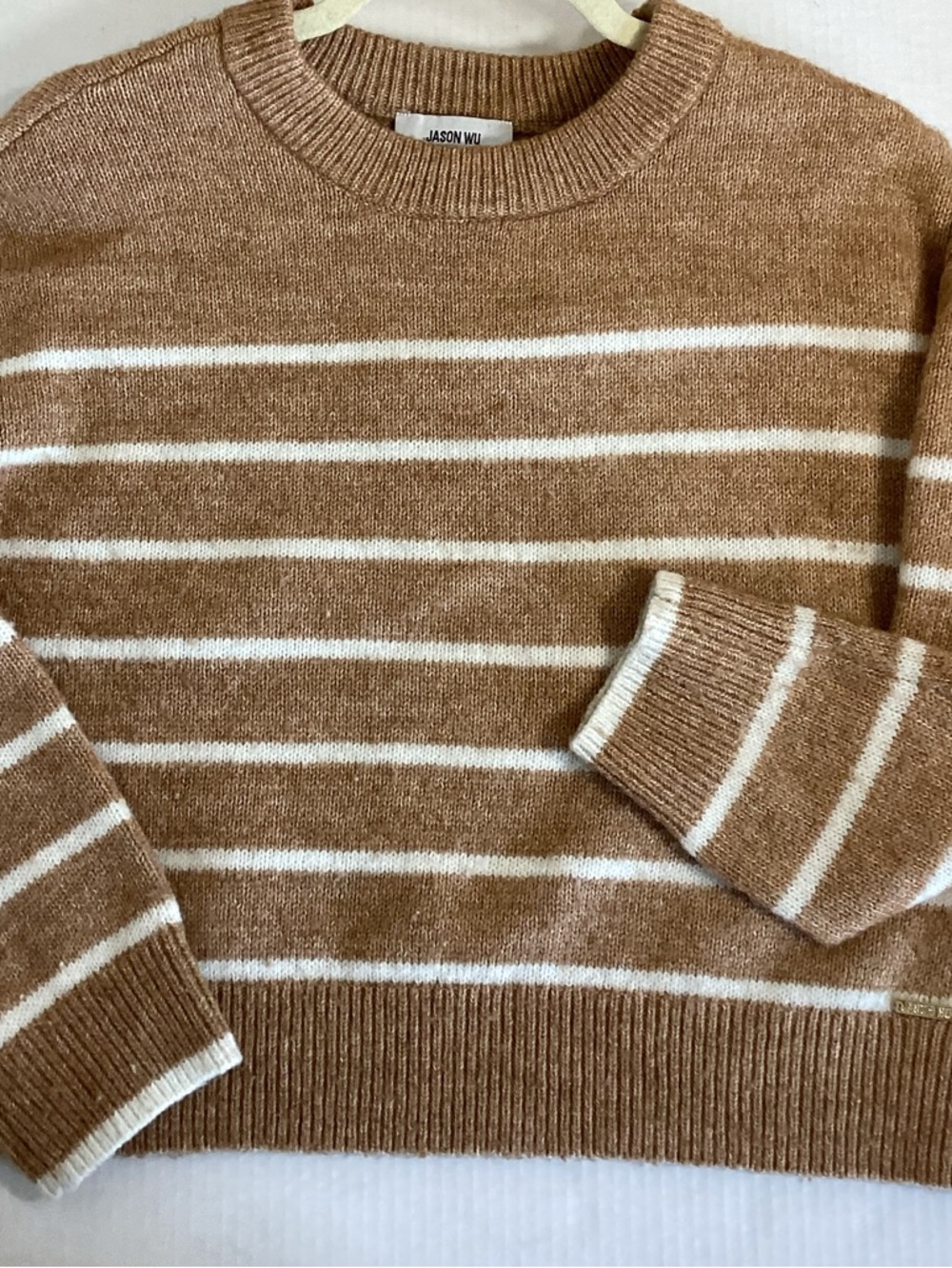 Designer $89 JASON WU Wool Classic Crewneck Americana Striped Sweater Camel - Picture 3 of 11